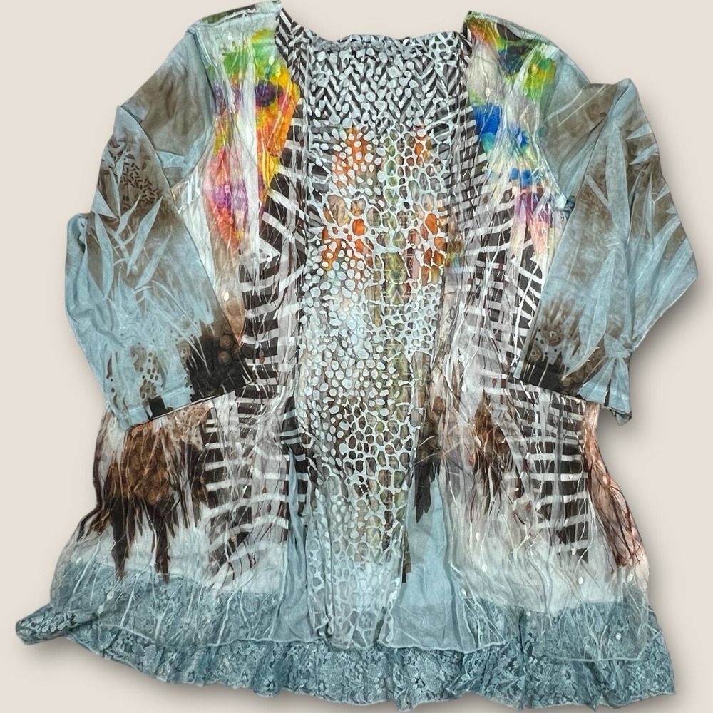 Whimsical mixed print‎ media lace art to wear 3/4 Sleeve tunic top size 3x Fairy